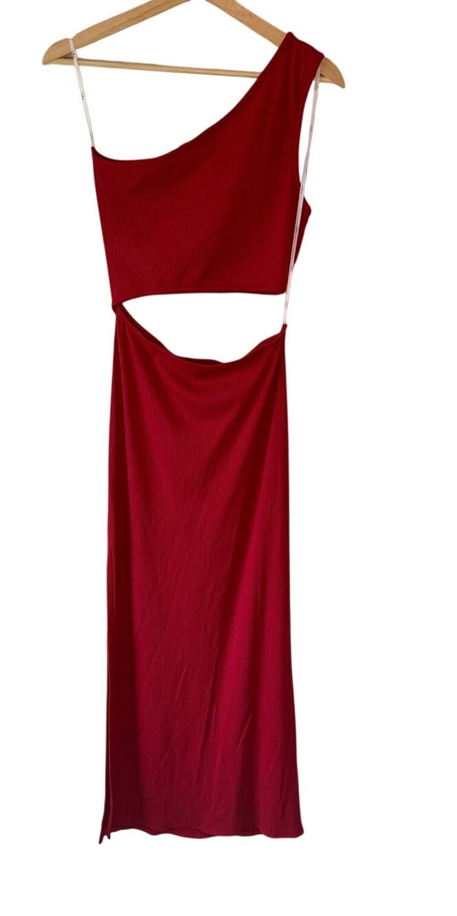 Lulus Spice Things Up Red Ribbed One Shoulder Cutout Midi Dress Medium M